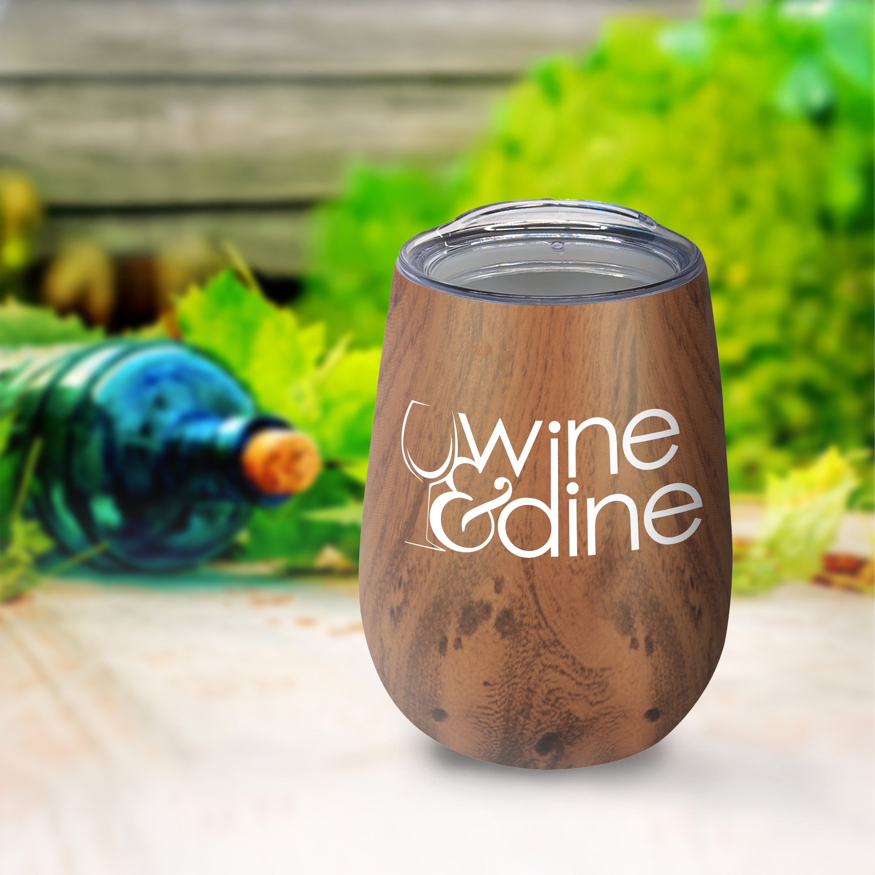 10 oz Vacuum Insulated Stainless Steel Wood Tone Stemless Wine Glass